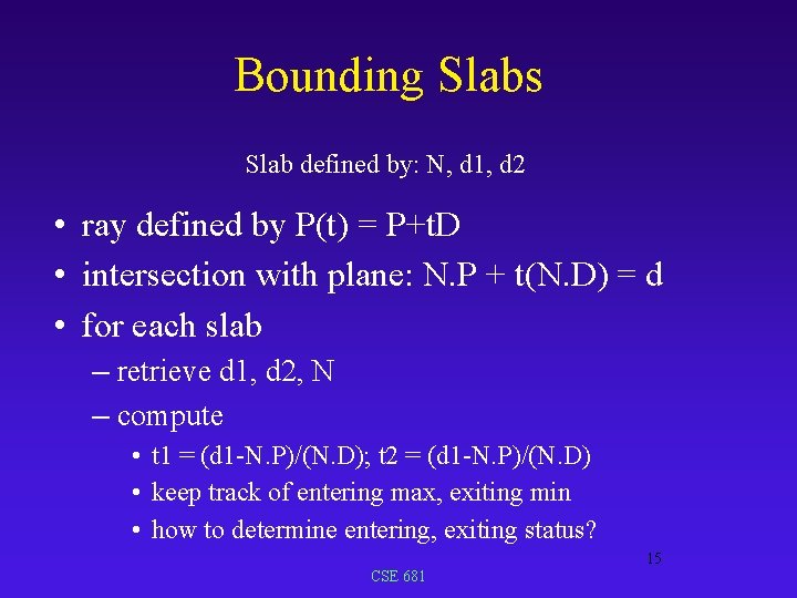 Bounding Slabs Slab defined by: N, d 1, d 2 • ray defined by