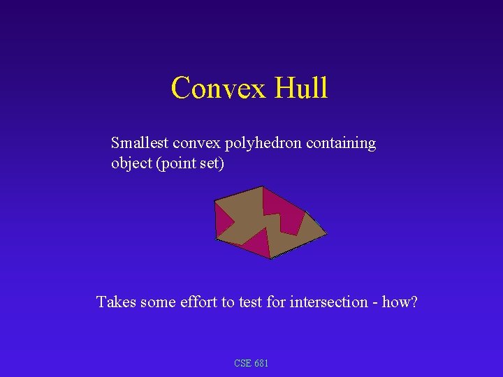 Convex Hull Smallest convex polyhedron containing object (point set) Takes some effort to test Convex Hull Smallest convex polyhedron containing object (point set) Takes some effort to test