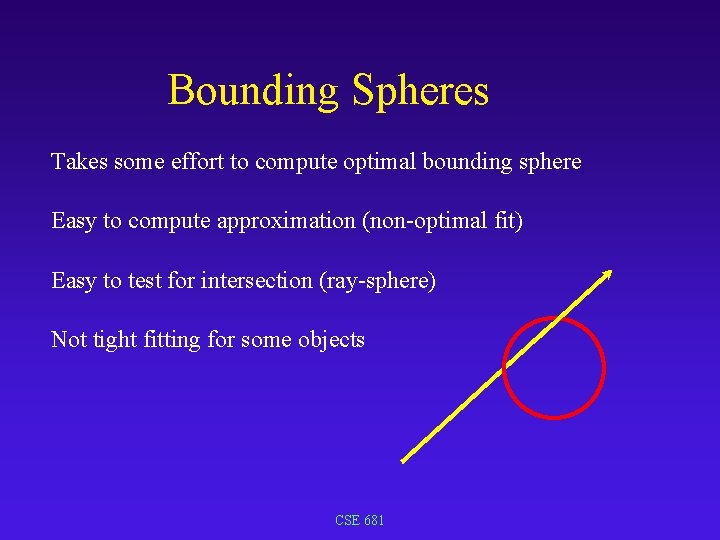 Bounding Spheres Takes some effort to compute optimal bounding sphere Easy to compute approximation Bounding Spheres Takes some effort to compute optimal bounding sphere Easy to compute approximation