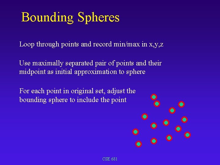 Bounding Spheres Loop through points and record min/max in x, y, z Use maximally