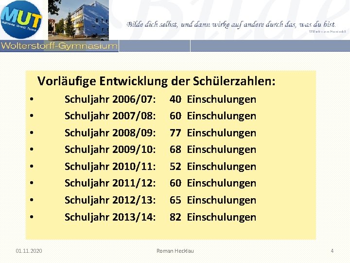 Vorläufige Entwicklung der Schülerzahlen: • • 01. 11. 2020 Schuljahr 2006/07: Schuljahr 2007/08: Schuljahr Vorläufige Entwicklung der Schülerzahlen: • • 01. 11. 2020 Schuljahr 2006/07: Schuljahr 2007/08: Schuljahr