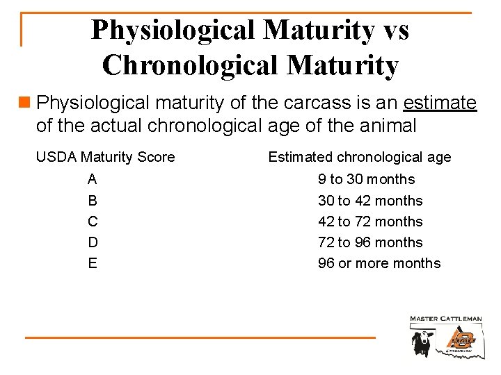 Physiological Maturity vs Chronological Maturity n Physiological maturity of the carcass is an estimate