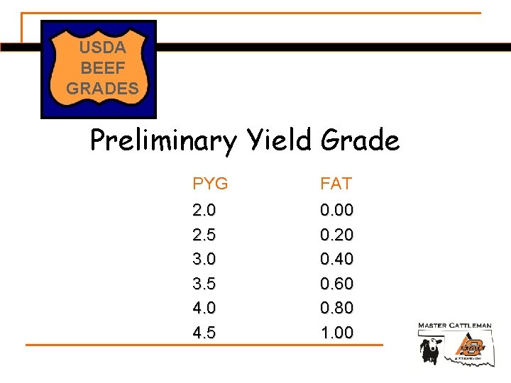 USDA BEEF GRADES Preliminary Yield Grade PYG FAT 2. 0 2. 5 3. 0