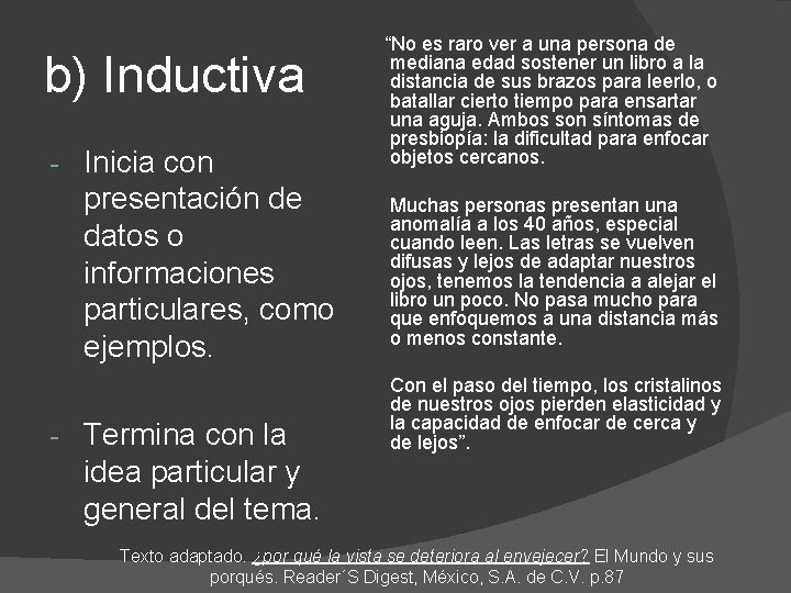 b) Inductiva - - Inicia con presentación de datos o informaciones particulares, como ejemplos.