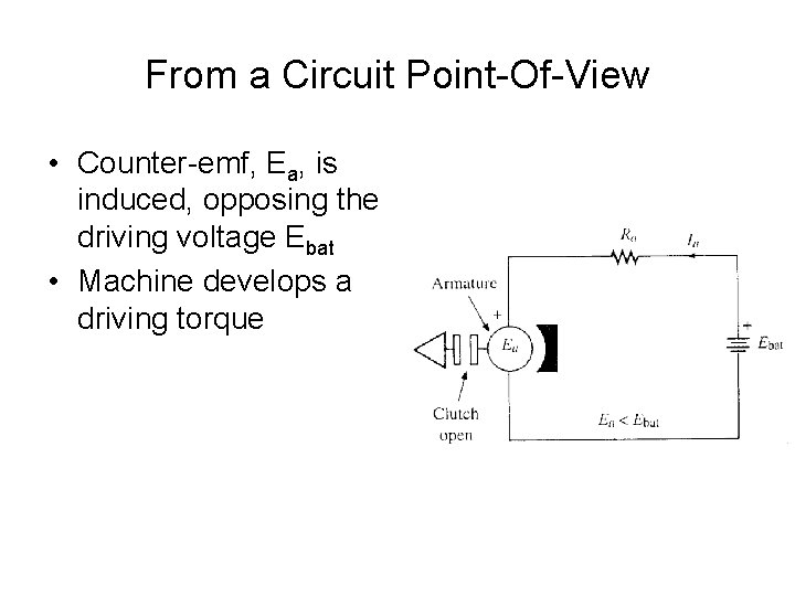 From a Circuit Point-Of-View • Counter-emf, Ea, is induced, opposing the driving voltage Ebat