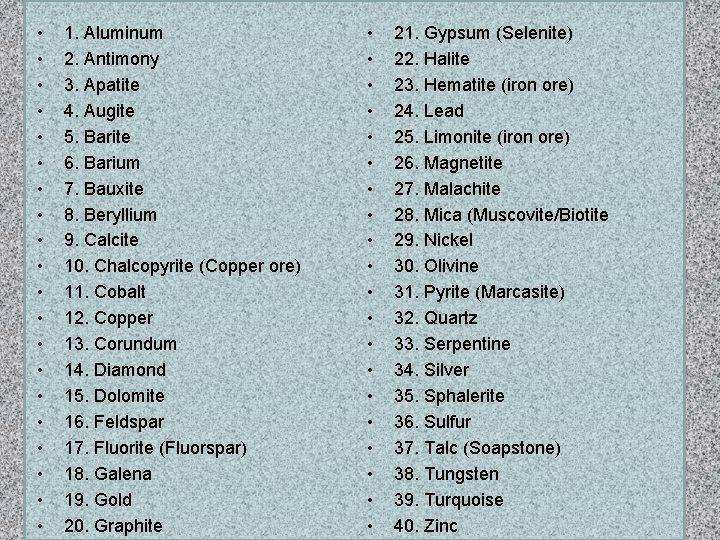  • • • • • 1. Aluminum 2. Antimony 3. Apatite 4. Augite