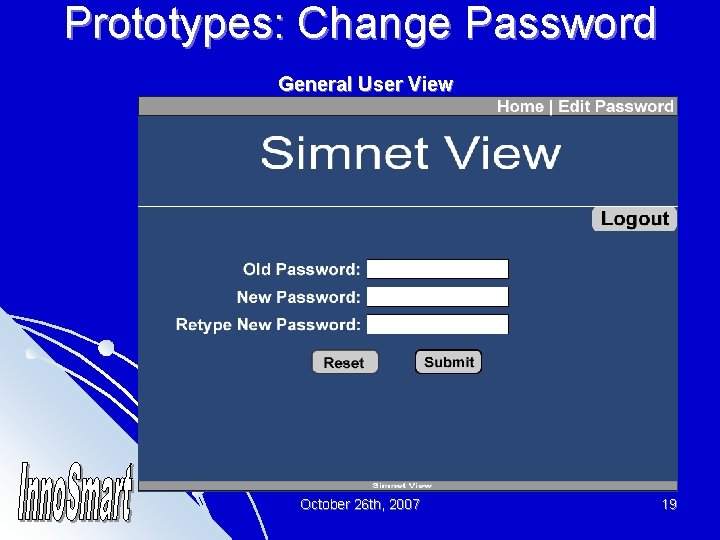Prototypes: Change Password General User View October 26 th, 2007 19 