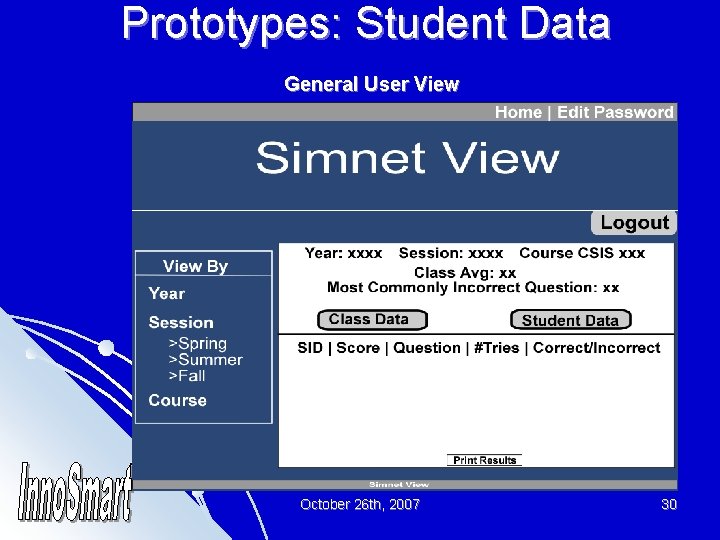 Prototypes: Student Data General User View October 26 th, 2007 30 
