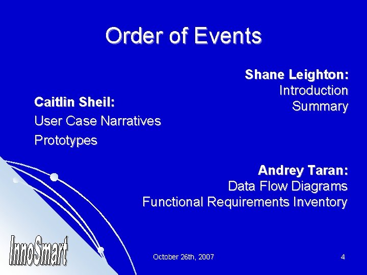 Order of Events Caitlin Sheil: User Case Narratives Prototypes Shane Leighton: Introduction Summary Andrey