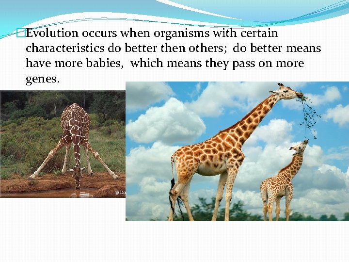 �Evolution occurs when organisms with certain characteristics do better then others; do better means