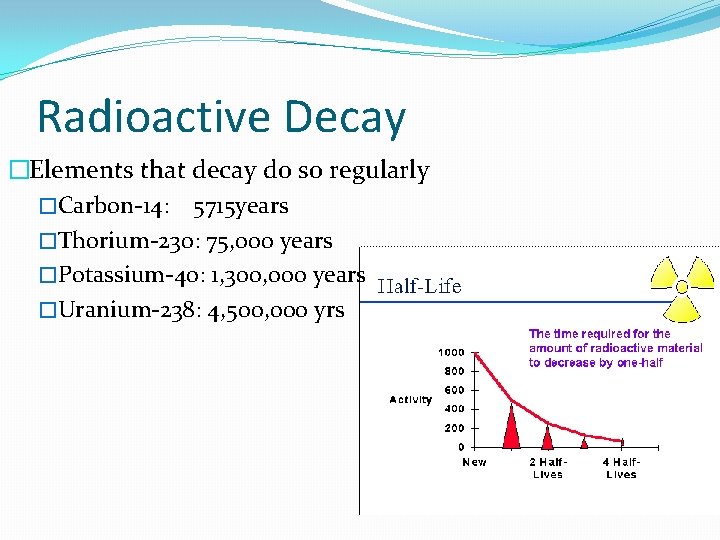 Radioactive Decay �Elements that decay do so regularly �Carbon-14: 5715 years �Thorium-230: 75, 000