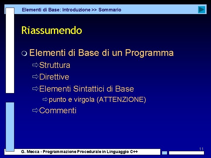Elementi di Base: Introduzione >> Sommario Riassumendo m Elementi di Base di un Programma