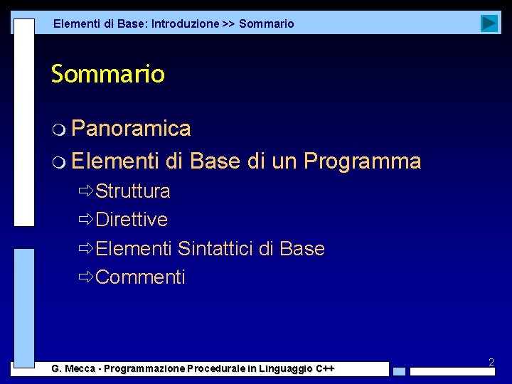Elementi di Base: Introduzione >> Sommario m Panoramica m Elementi di Base di un
