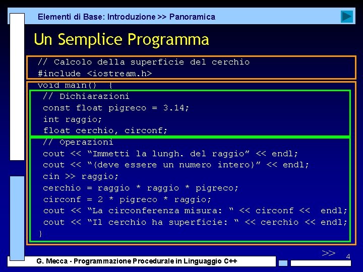 Elementi di Base: Introduzione >> Panoramica Un Semplice Programma // Calcolo della superficie del