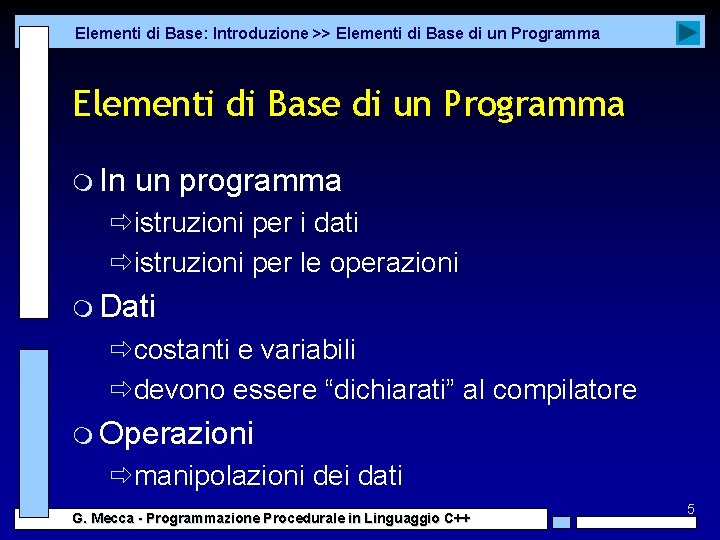 Elementi di Base: Introduzione >> Elementi di Base di un Programma m In un