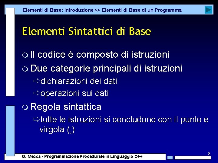 Elementi di Base: Introduzione >> Elementi di Base di un Programma Elementi Sintattici di