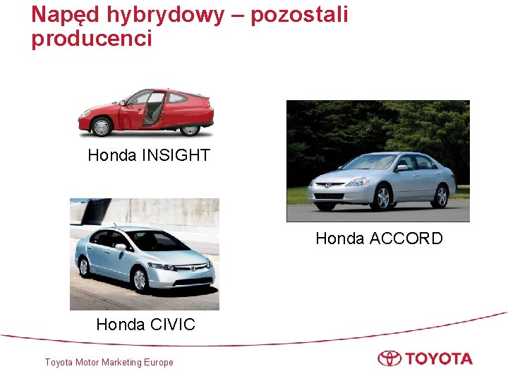 Napęd hybrydowy – pozostali producenci Honda INSIGHT Honda ACCORD Honda CIVIC Toyota Motor Marketing