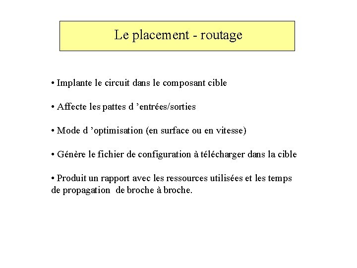 Le placement - routage • Implante le circuit dans le composant cible • Affecte