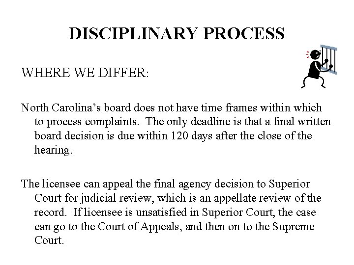DISCIPLINARY PROCESS WHERE WE DIFFER: North Carolina’s board does not have time frames within