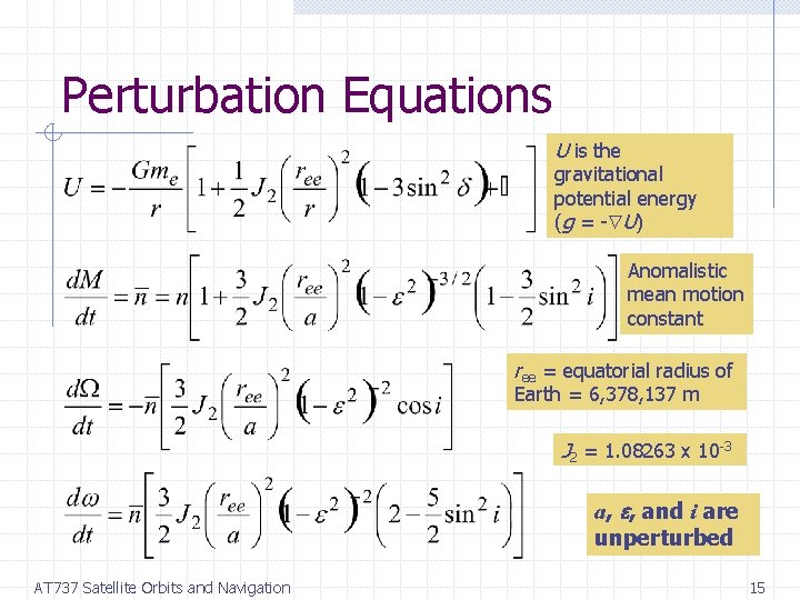 Perturbation Equations U is the gravitational potential energy (g = - U) Anomalistic mean