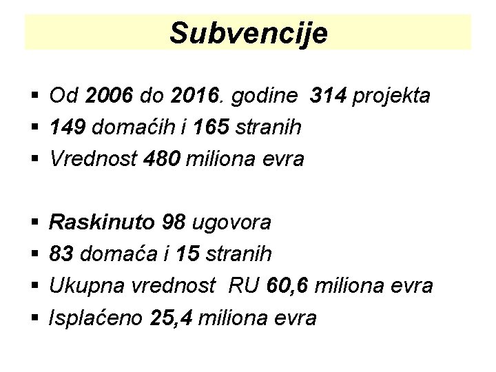 Subvencije § Od 2006 do 2016. godine 314 projekta § 149 domaćih i 165