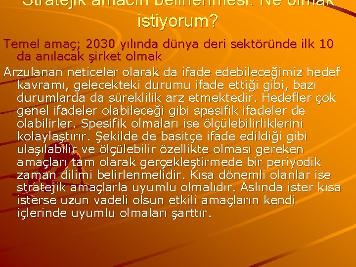 Stratejik amacın belirlenmesi: Ne olmak istiyorum? Temel amaç; 2030 yılında dünya deri sektöründe ilk