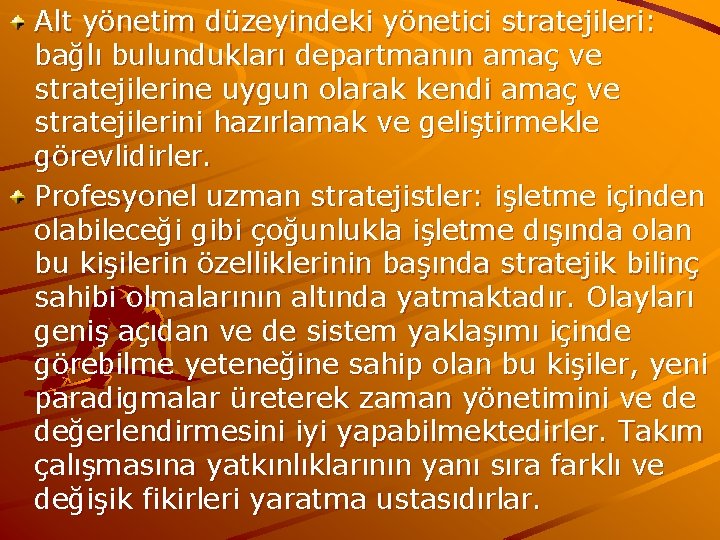 Alt yönetim düzeyindeki yönetici stratejileri: bağlı bulundukları departmanın amaç ve stratejilerine uygun olarak kendi