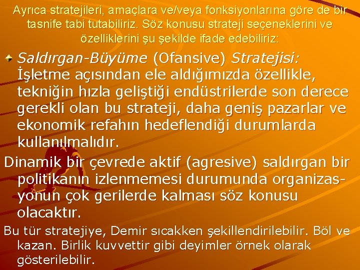 Ayrıca stratejileri, amaçlara ve/veya fonksiyonlarına göre de bir tasnife tabi tutabiliriz. Söz konusu strateji