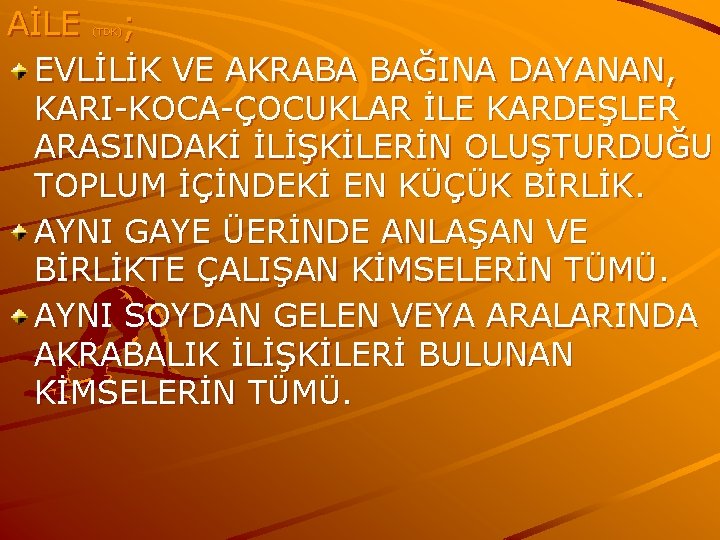 AİLE ; EVLİLİK VE AKRABA BAĞINA DAYANAN, KARI-KOCA-ÇOCUKLAR İLE KARDEŞLER ARASINDAKİ İLİŞKİLERİN OLUŞTURDUĞU TOPLUM