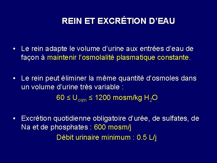 REIN ET EXCRÉTION D’EAU • Le rein adapte le volume d’urine aux entrées d’eau