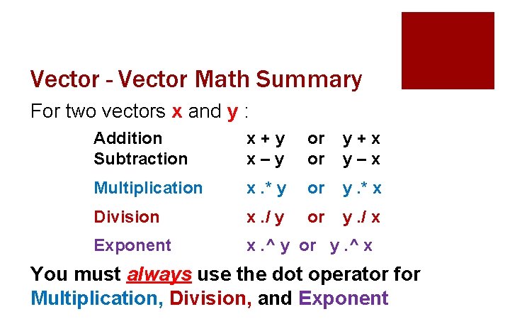 Vector - Vector Math Summary For two vectors x and y : Addition Subtraction