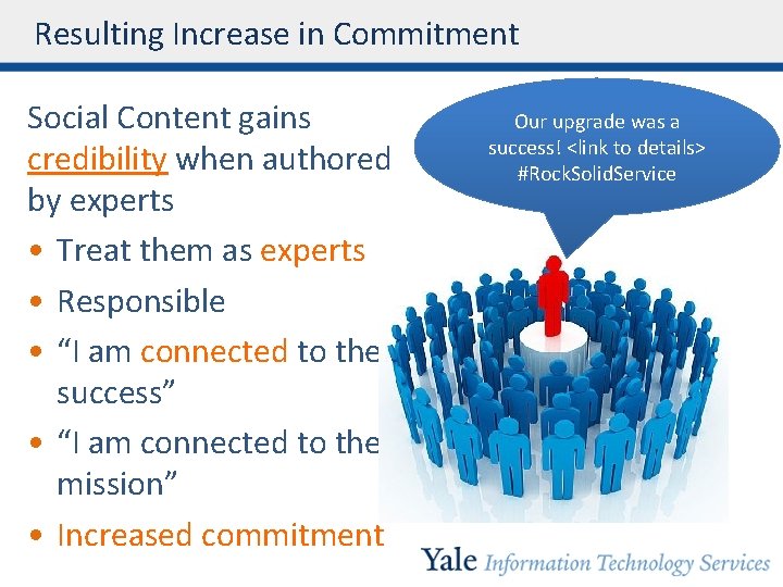 Resulting Increase in Commitment Social Content gains credibility when authored by experts • Treat