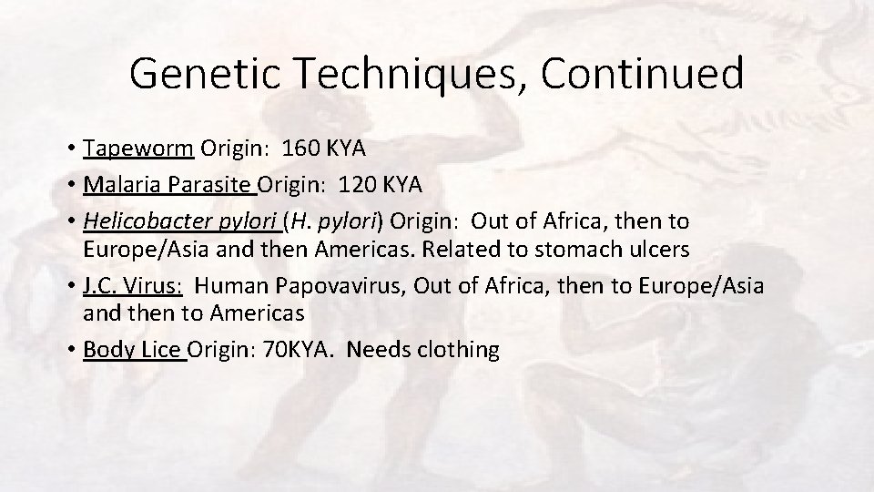 Genetic Techniques, Continued • Tapeworm Origin: 160 KYA • Malaria Parasite Origin: 120 KYA