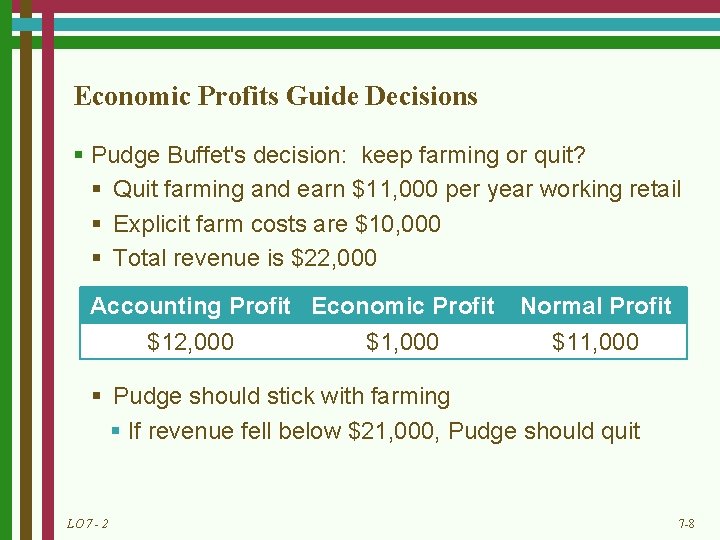 Economic Profits Guide Decisions § Pudge Buffet's decision: keep farming or quit? § Quit