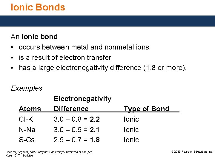 Ionic Bonds An ionic bond • occurs between metal and nonmetal ions. • is