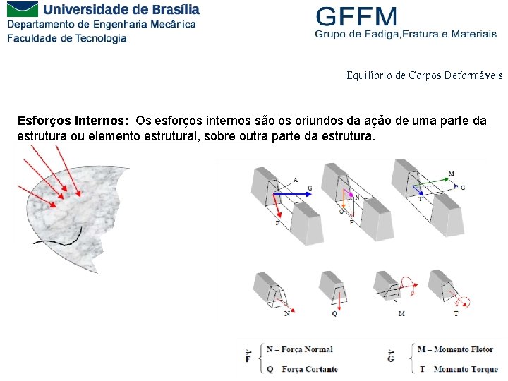 Equilíbrio de Corpos Deformáveis Esforços Internos: Os esforços internos são os oriundos da ação