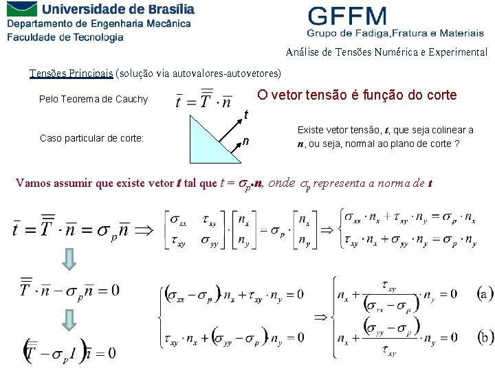 Análise de Tensões Numérica e Experimental Tensões Principais (solução via autovalores-autovetores) O vetor tensão