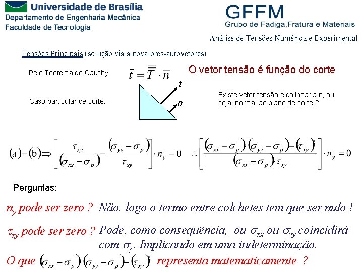 Análise de Tensões Numérica e Experimental Tensões Principais (solução via autovalores-autovetores) O vetor tensão