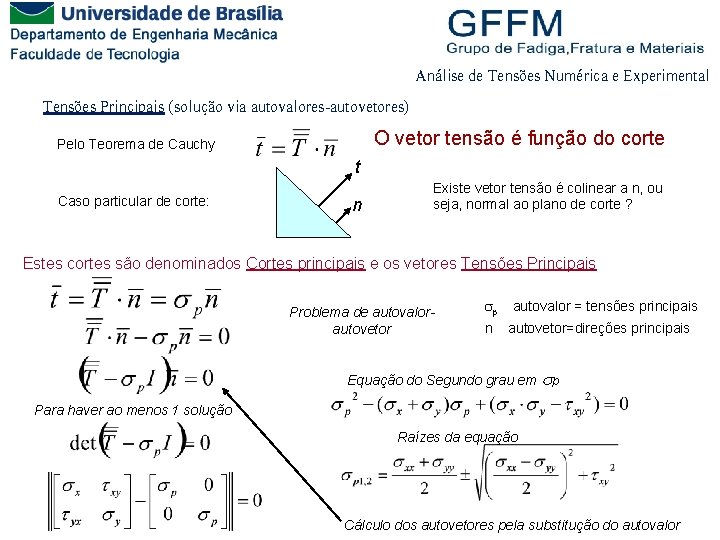 Análise de Tensões Numérica e Experimental Tensões Principais (solução via autovalores-autovetores) O vetor tensão