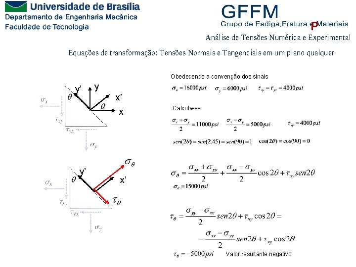 P Análise de Tensões Numérica e Experimental Equações de transformação: Tensões Normais e Tangenciais