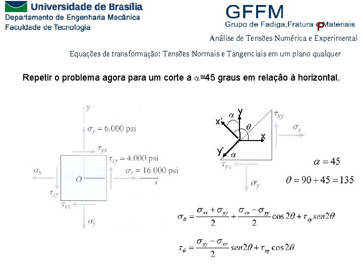 P Análise de Tensões Numérica e Experimental Equações de transformação: Tensões Normais e Tangenciais