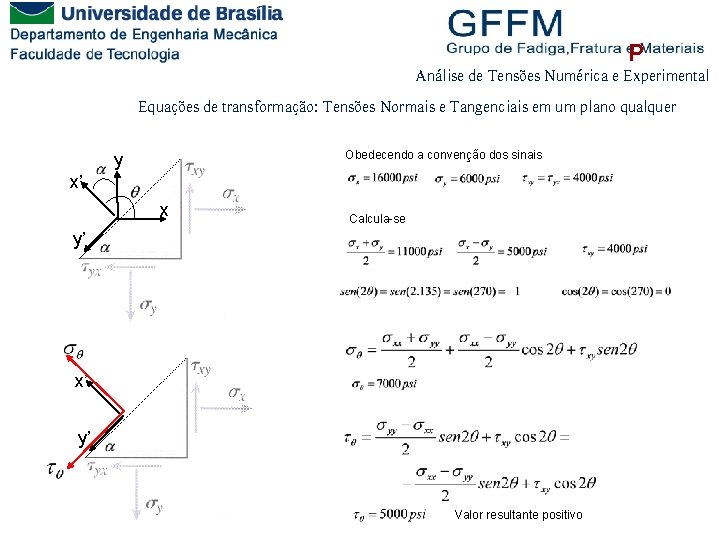 P Análise de Tensões Numérica e Experimental Equações de transformação: Tensões Normais e Tangenciais