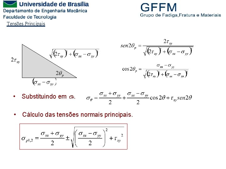 Tensões Principais • Substituindo em . • Cálculo das tensões normais principais. 