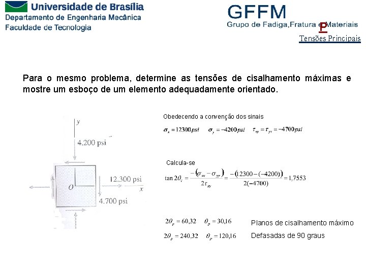 P Tensões Principais Para o mesmo problema, determine as tensões de cisalhamento máximas e