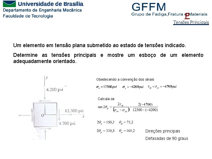 P Tensões Principais Um elemento em tensão plana submetido ao estado de tensões indicado.