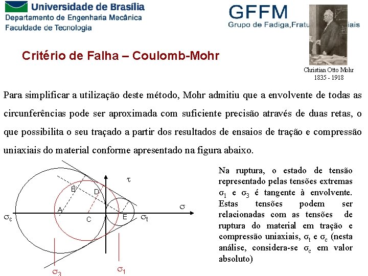 Critério de Falha – Coulomb-Mohr Christian Otto Mohr 1835 - 1918 Para simplificar a