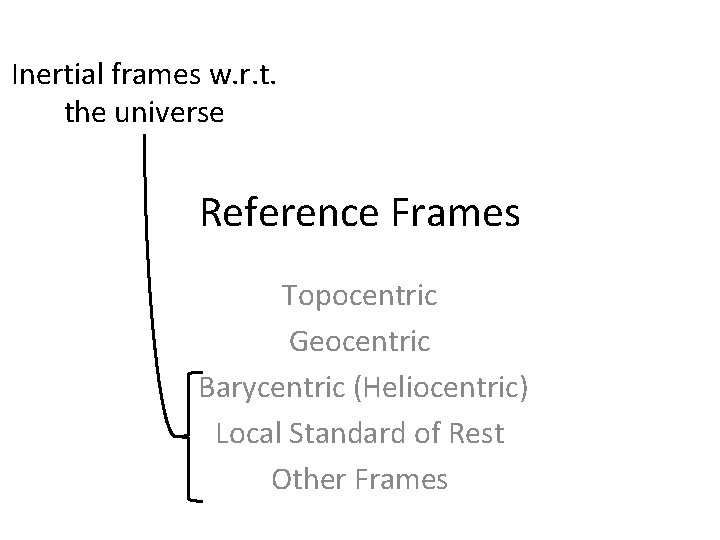 Inertial frames w. r. t. the universe Reference Frames Topocentric Geocentric Barycentric (Heliocentric) Local