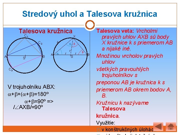 Stredový uhol a Talesova kružnica C 1 X k C 2 A S B