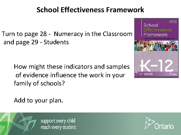 School Effectiveness Framework Turn to page 28 - Numeracy in the Classroom and page