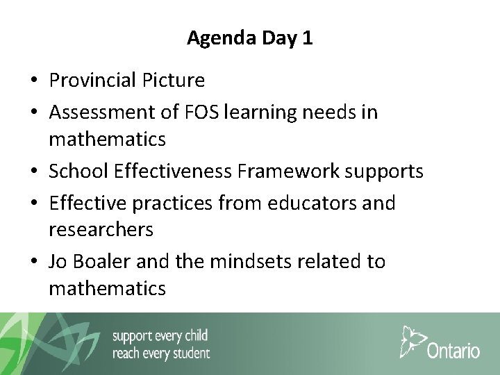 Agenda Day 1 • Provincial Picture • Assessment of FOS learning needs in mathematics